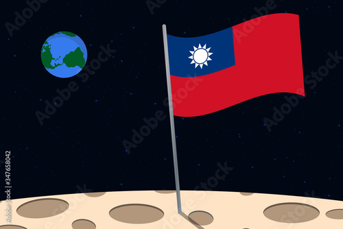 View of planet Earth from the surface of the Moon with the Taiwan flag and holes on the ground