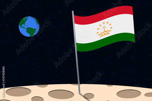 View of planet Earth from the surface of the Moon with the Tajikistan flag and holes on the ground