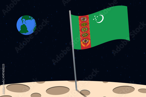 View of planet Earth from the surface of the Moon with the Turkmenistan flag and holes on the ground