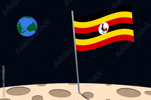 View of planet Earth from the surface of the Moon with the Uganda flag and holes on the ground