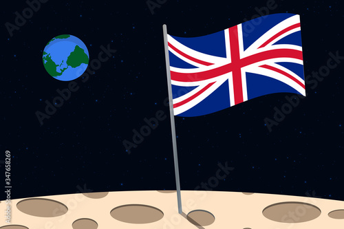 View of planet Earth from the surface of the Moon with the UK flag and holes on the ground