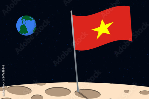 View of planet Earth from the surface of the Moon with the Vietnam flag and holes on the ground