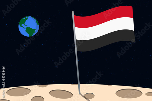 View of planet Earth from the surface of the Moon with the Yemen flag and holes on the ground vector illustration