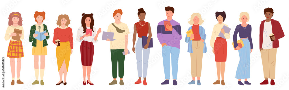 Young people student set . Flat cartoon style. Group man womans casual clothes laptop, smartphone. Different nations representatives with gadgets in hand. Isolated on white vector illustration Young people student set . Flat cartoon style. Group man womans casual clothes laptop, smartphone. Different nations representatives with gadgets in hand. Isolated on white vector illustration