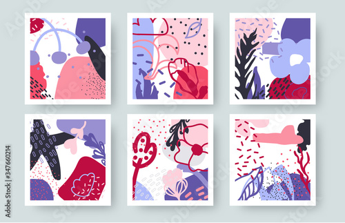 Fototapeta Naklejka Na Ścianę i Meble -  Set of abstract backgrounds. Template backdrop, creative modern art. Hand drawn different shapes and textures. Contemporary doodle floral elements with spots, dots, lines. Isolated vector illustration