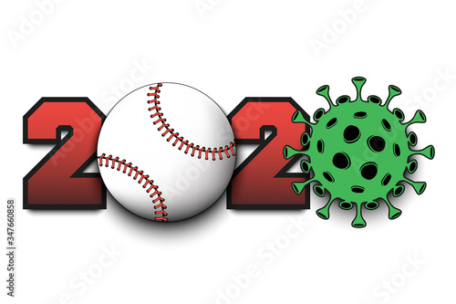 Numbers 2020 and coronavirus sign with baseball ball. Stop covid-19 outbreak. Caution risk disease 2019-nCoV. Cancellation of sports tournaments. Vector illustration