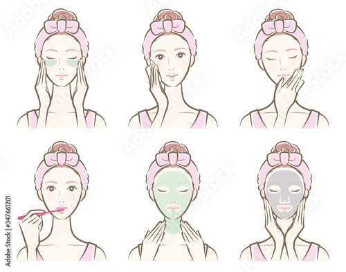 スキンケアをしている女性のイラスト