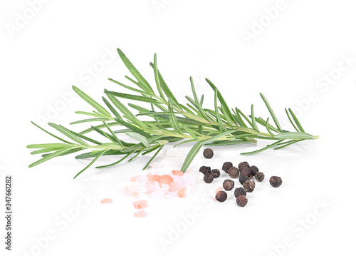 Rosemary  ; pepper ; Pink salt  isolated on white background.