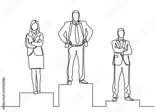 Continuous line drawing of three business people on the podium and achieving success in business competition. Competition success, first place, celebration ceremony symbol.