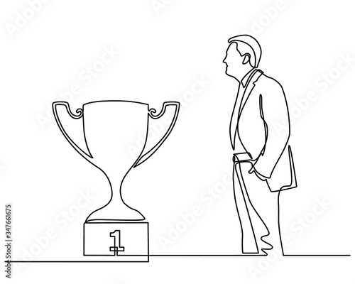 Continuous line drawing of a businessman is staring at the trophy. Business people are looking at the trophy and want to achieve success. Competition success, first place, celebration ceremony symbol.