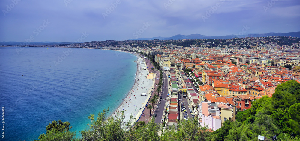 The Promenade des Anglais on the Mediterranean Sea at Nice, France along the French Riviera.