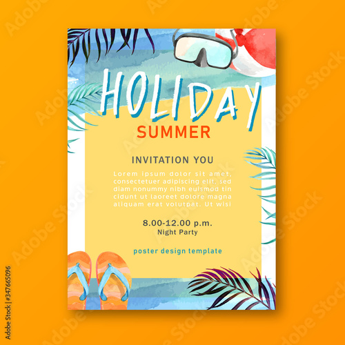 Travel on Holiday summer the beach Palm tree vacation, sea and sky sunlight , creative  watercolor vector illustration design