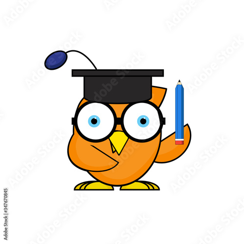 owl wearing graduation cap and holding a pencil.