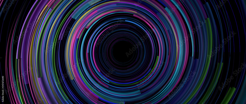 Background of light lines of blue, green, yellow and purple color rotating in circles on a black background forming a tunnel. 3D Illustration - obrazy, fototapety, plakaty 