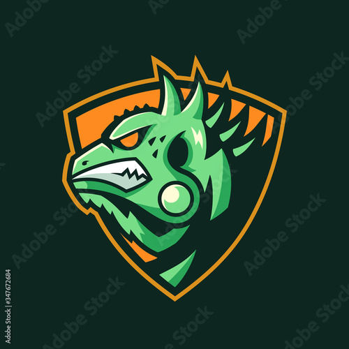 Iguana mascot on the shield sport logo design