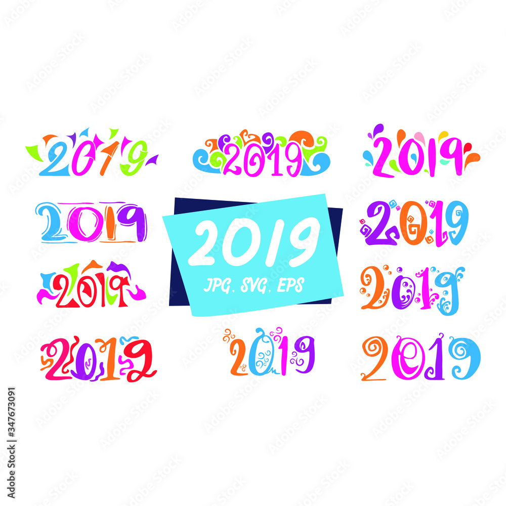 2019 New Year Typographic Designs with Various Colors