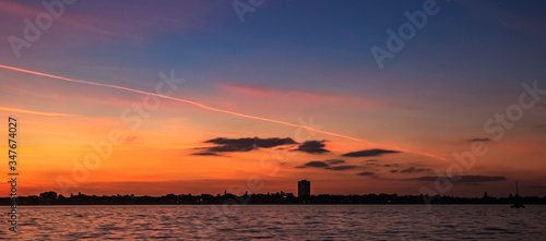 sunset over the city, sea, sky, water, cloud, clouds, red, skyline, cityscape, building, beautiful, Sarasota, Florida