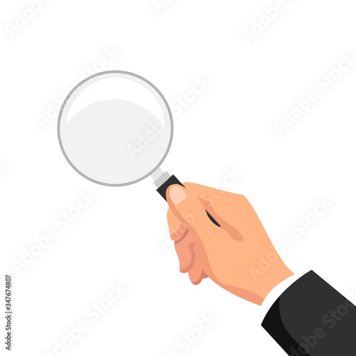 Businessman holding magnifier. Law assistance banner with magnifying glass. Professional consulting service and financial audit. Business analysis and information search vector illustration.