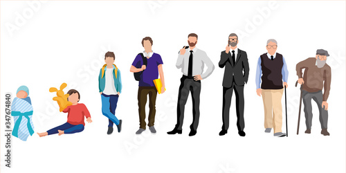 Man aging. Infant, child, teenager, young man, adult and elderly persons set isolated on white background. Characters of man in different ages vector illustration. Life cycle and generation of people