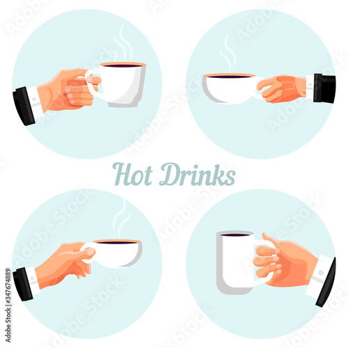 Coffee break time labels set. Side view businessman hand holding cup of coffee cartoon vector illustration. Ceramic mug with hot drink, morning coffee concept. Takeaway hot beverage isolated stickers