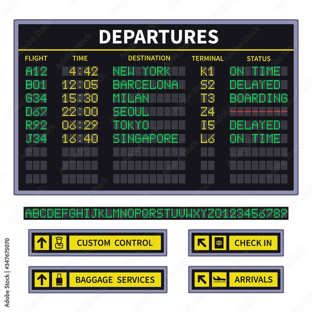 Departure board. Airport board announcement of canceled and delay flight or  train departure. Led screen timetable with digital font for station  destination departure. Airport infographic sign set. Stock Vector | Adobe  Stock