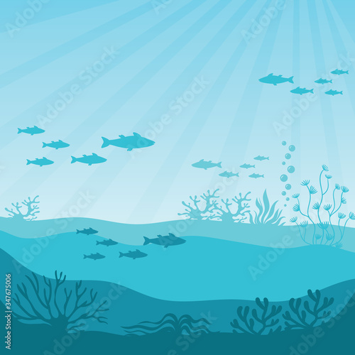 Fototapeta Naklejka Na Ścianę i Meble -  Undersea coral reef. Undersea panorama vector illustration. Beautiful marine ecosystem and wildlife in blue ocean. Underwater ocean fauna with coral reef, seaweed, plants and fishes silhouettes.