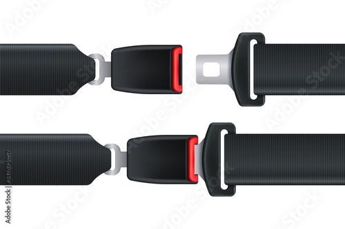 Seat belt. Isolated seatbelt for car or airplane safety concept. Open and closed seat belt vector illustration. Safe drive passenger concept on white background