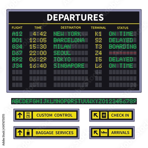 Departure board. Airport board announcement of canceled and delay flight or train departure. Led screen timetable with digital font for station destination departure. Airport infographic sign set.