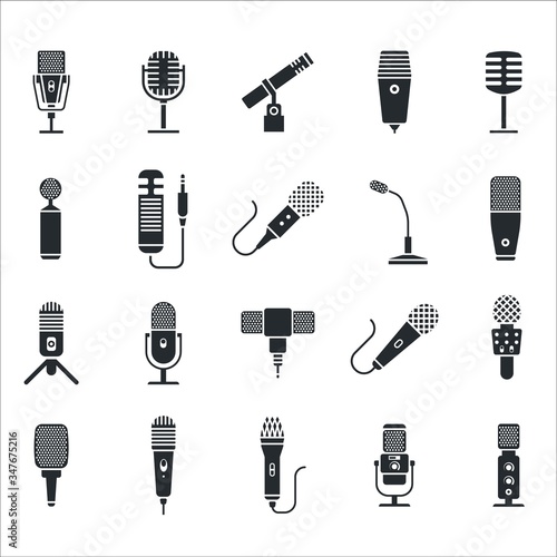 Mic icon. Radio and music microphone icon set. Modern voice mike and retro radio mic stand on white background.