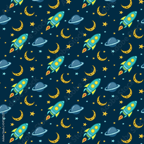 Cosmic pattern. Vector color ornament with space. Pattern with rockets and moon and planets. Cartoon drawing.