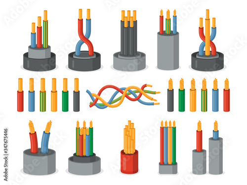 Electric wires. Single core and multicore industrial isolated cables set. Multicolored power cables in insulation vector illustration. Electric wires for telecommunication and power industry.