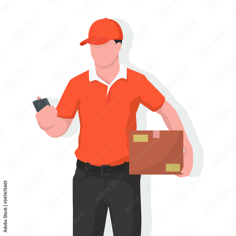 Deliveryman in modern style vector illustration, business person simple flat shadow isolated on white background.