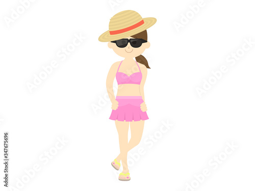 麦わら帽子をかぶった水着女性のイラスト
