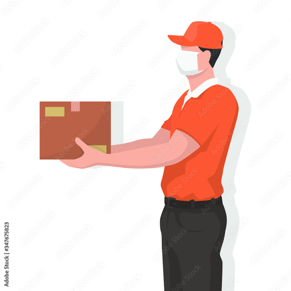 Deliveryman is wearing face mask for virus protection, air pollution, contaminated air, world pollution. Modern flat vector illustration. Deliveryman is wearing face mask for virus protection, air pollution, contaminated air, world pollution. Modern flat vector illustration.
