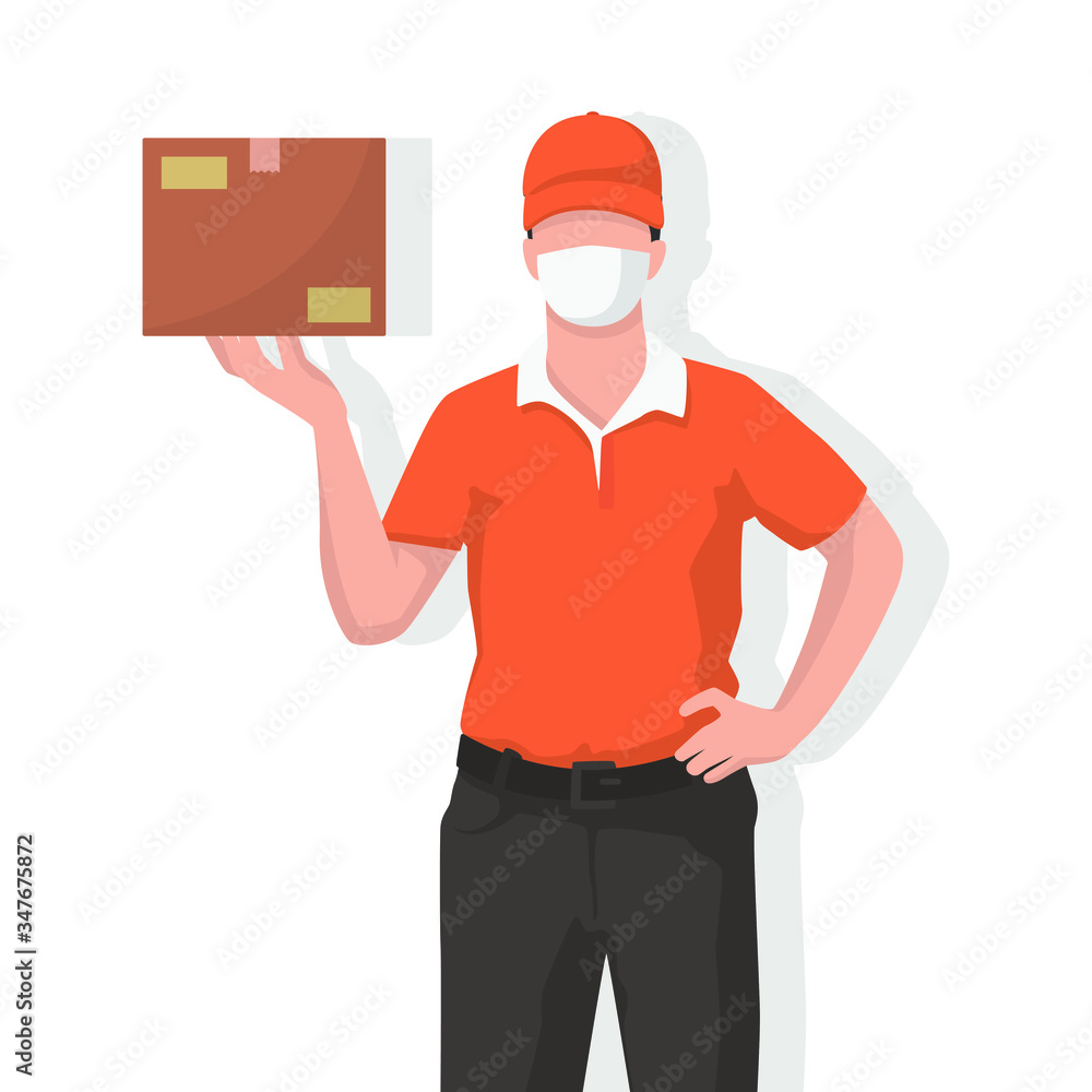 Deliveryman is wearing face mask for virus protection, air pollution, contaminated air, world pollution. Modern flat vector illustration.