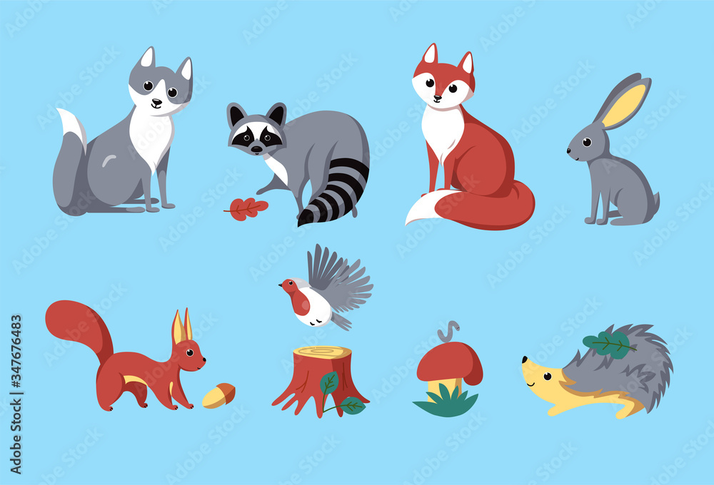 Naklejka premium Set of forest animals. Wolf, fox, rabbit an ofther woodland creatures. Vector illustration in cartoon style
