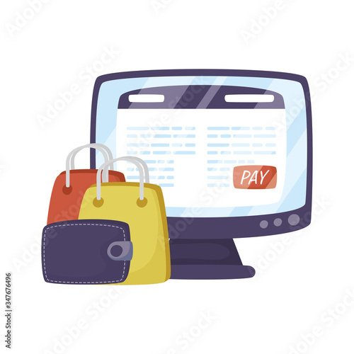 desktop with shopping bags ecommerce technology