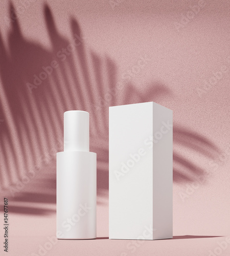 natural cosmetic cream , serum, skincare blank bottle packaging with leaves herb, wood . bio organic product.beauty and spa concept. 3d illustration