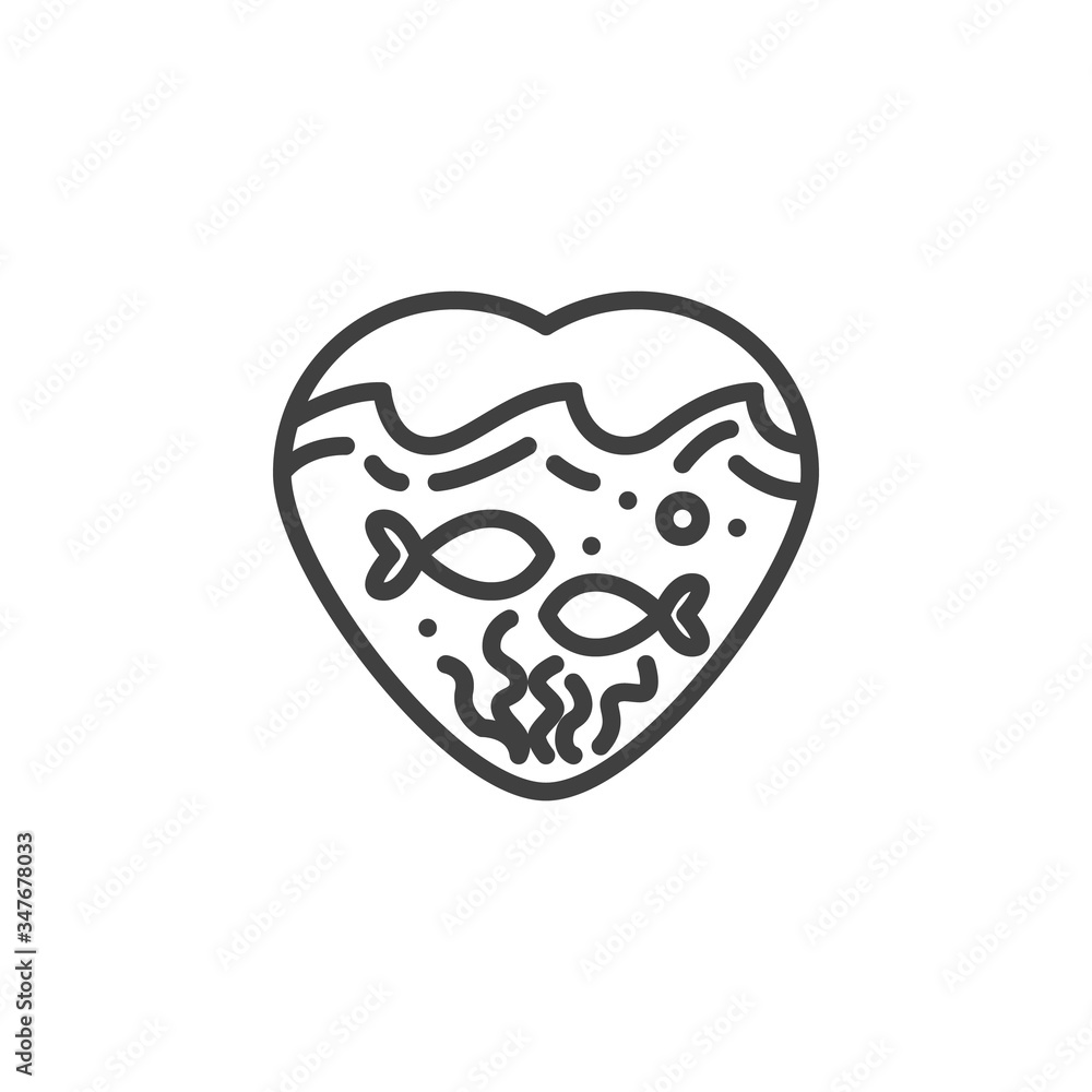 Heart ocean line icon. linear style sign for mobile concept and web design. Heart shape aquarium with fishes outline vector icon. Marine life symbol, logo illustration. Vector graphics Heart ocean line icon. linear style sign for mobile concept and web design. Heart shape aquarium with fishes outline vector icon. Marine life symbol, logo illustration. Vector graphics