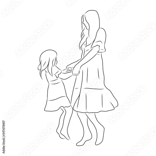 line drawing of mother playing with children