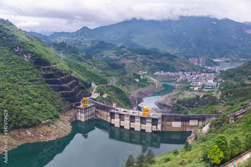 Photography Dam wall and surrounding landscape at Wulong Dam in Chongqing, China