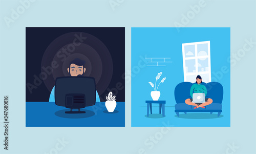 couple using laptop and watching tv stay at home campaign