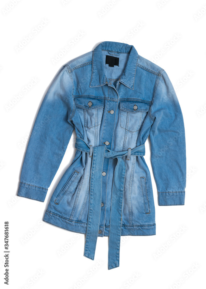 Fashionable denim long jacket with a belt isolated on a white background. Fashionable denim long jacket with a belt isolated on a white background.