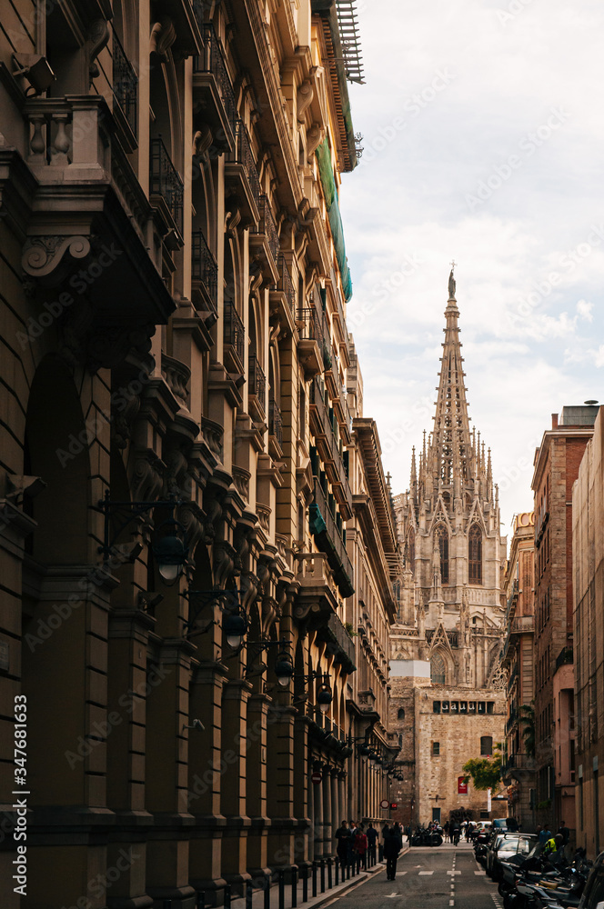 Old ancient Cathedral of Barcelona, Spain. view from small alley street