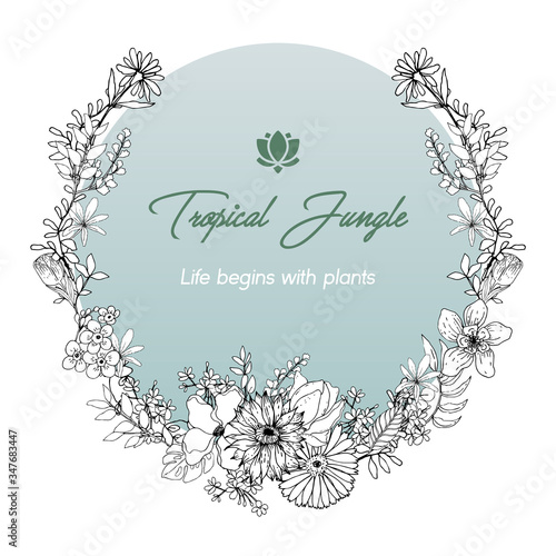 Flower wreath with Line art tropical vector illustration Romantic frame for design of card, banner, invitation .