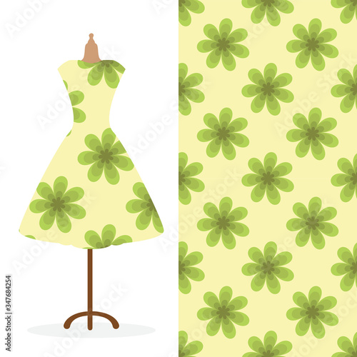 Womens long dress mock up with bright seamless hand drawn pattern for textile, paper print. vector illustration