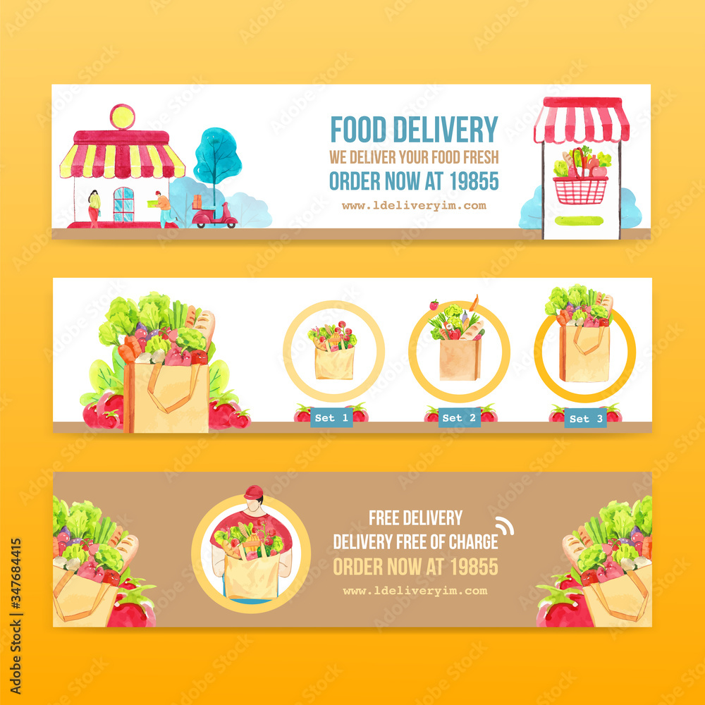 Delivery banner design with food,vegetable,transportation and logistic watercolor illustration.