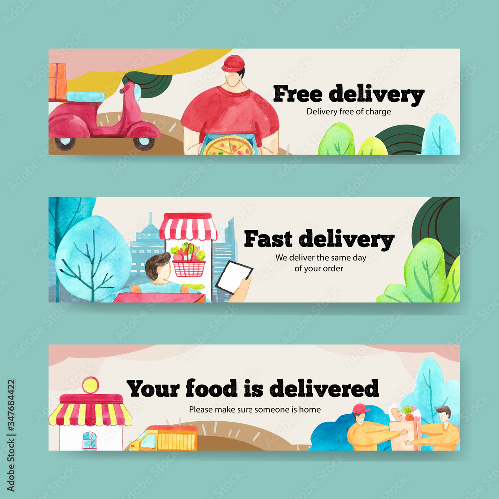 Delivery banner design with food,vegetable,transportation and logistic watercolor illustration. Delivery banner design with food,vegetable,transportation and logistic watercolor illustration.