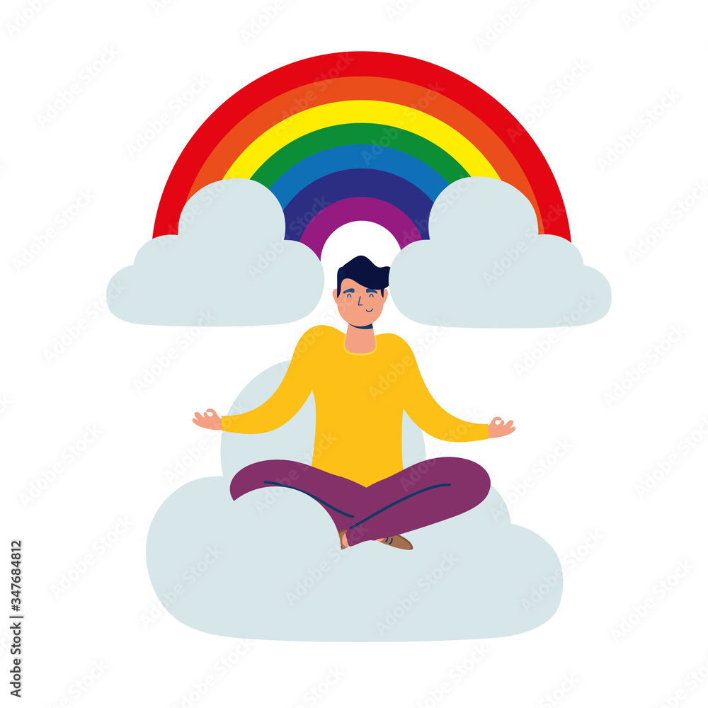 elegant business man with lotus position in cloud with rainbow