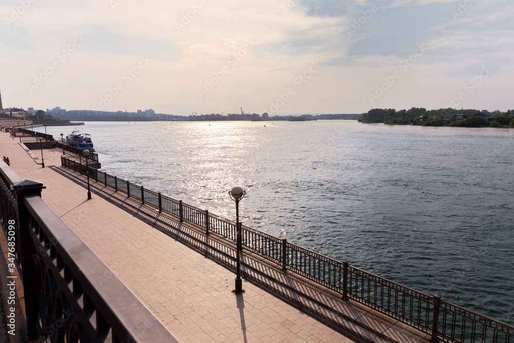 Irkutsk View of the wide Angara River from the famous city promenade at summer sunset